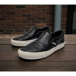 Vans Black Perforated Leather Slip-On Sneakers with White Soles